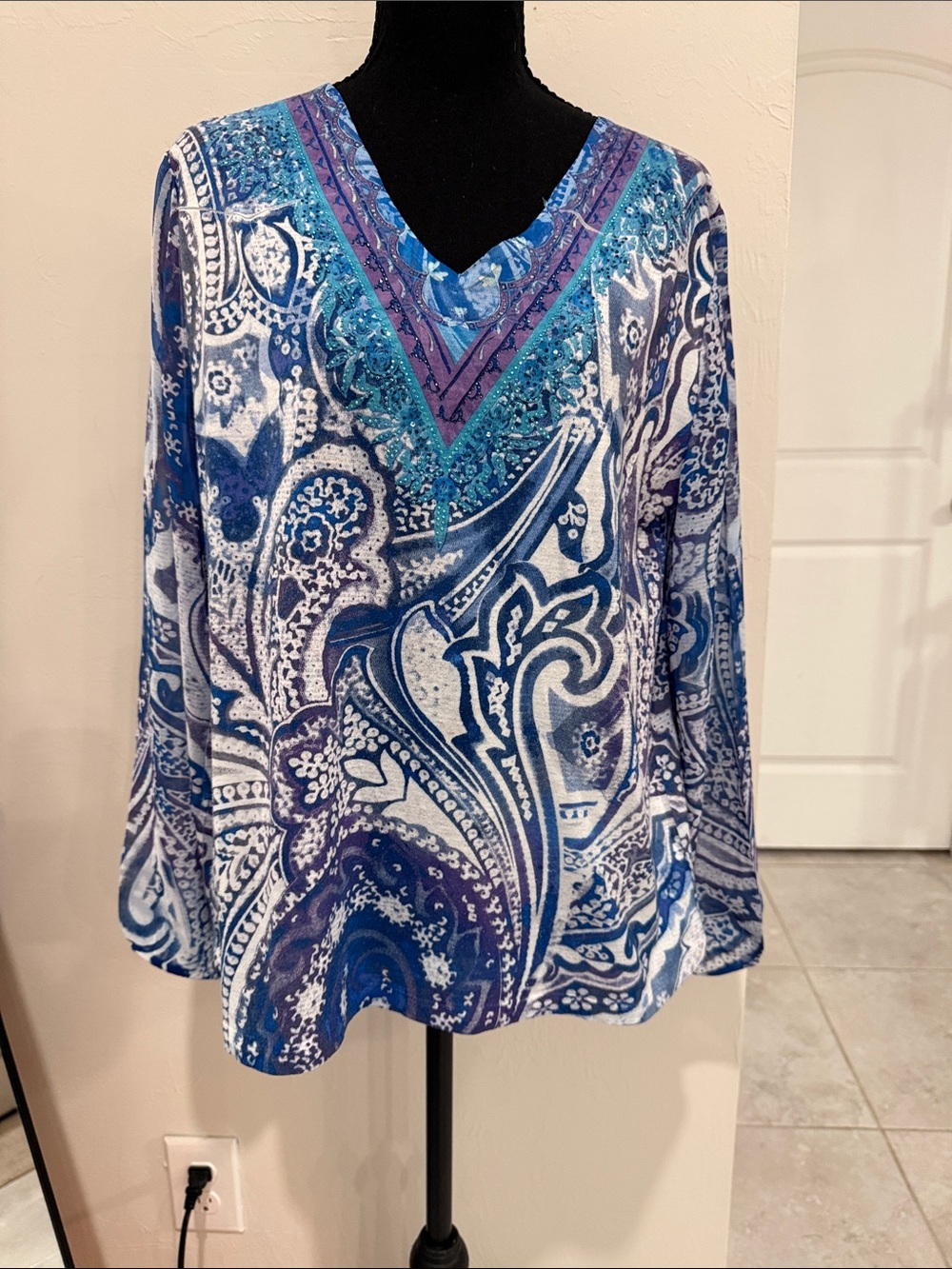 Chico's Blue and Purple Paisley V-Neck Tunic with Beaded Trim